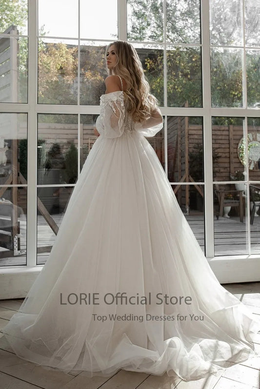 Glitter Puff Sleeve Lace 3D Floral Patttern Off Shoulder Tulle Bohemian Floor-Length Bridal Wedding Gown Dress w/ Sweep Train