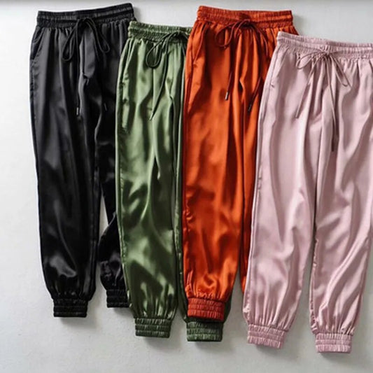 Satin Ladies Cargo Pocket Elastic Waist Pants