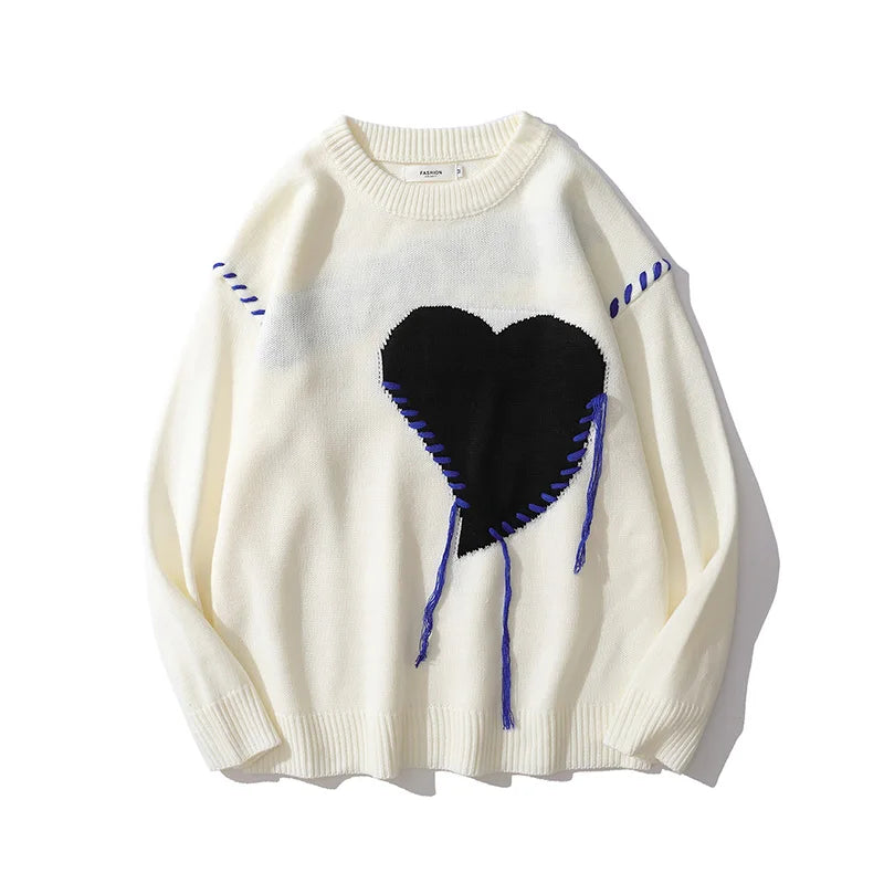 Heart Design Knitted Unisex Oversized Pullover Colorblock Sweater