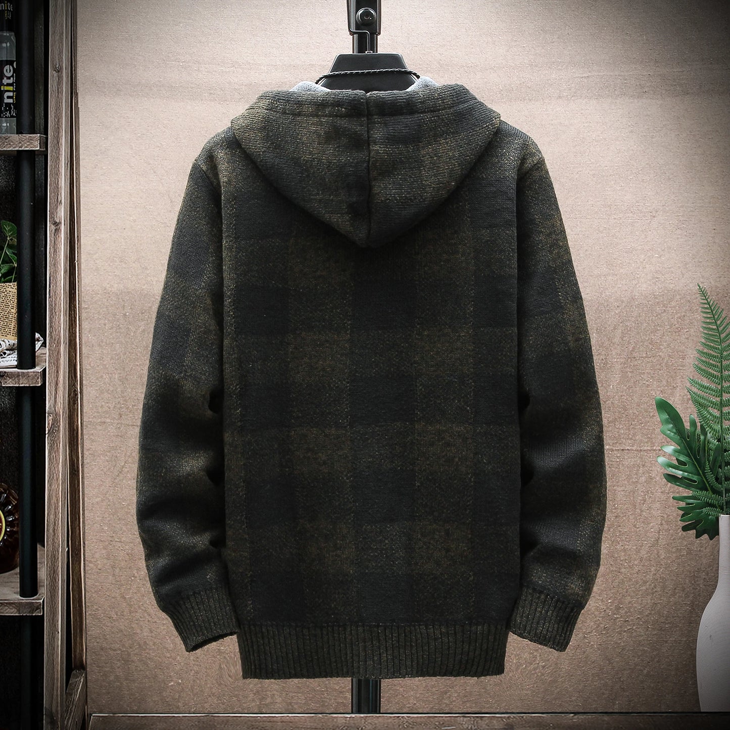 Men's Plaid Wool Zipper Cardigan Hoodie Sweater Jacket