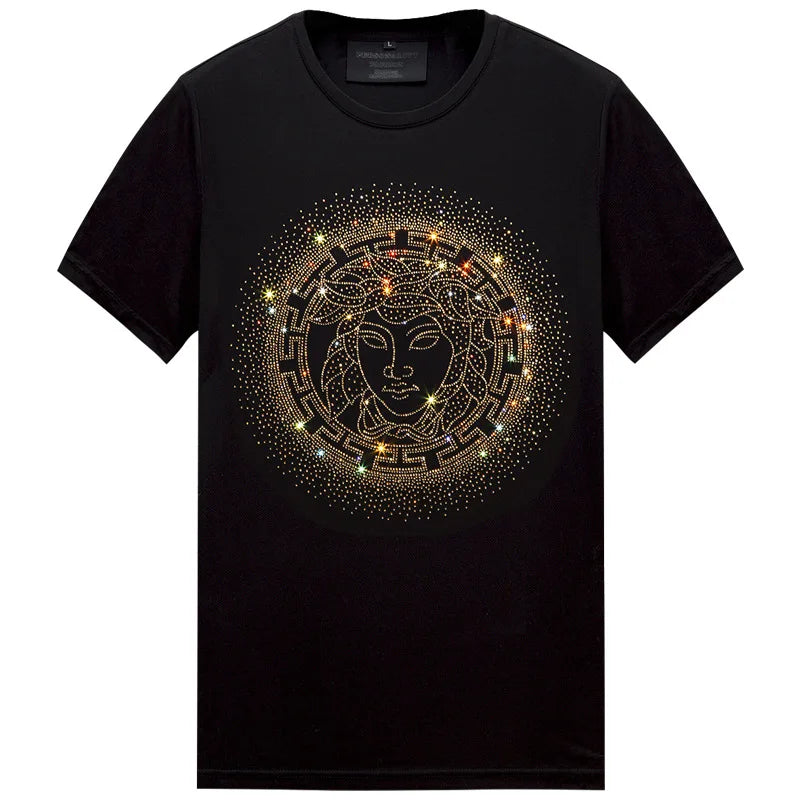 Men's Gold Rhinestone Embroidered Short Sleeve Streetwear Cotton O-Neck T-Shirt