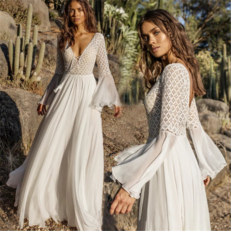 White Chiffon Tassel Long Flare Sleeve V-Neck Hollow-Out Bohemian Lace Maxi Dress