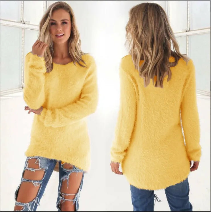 Fleece Solid Color O-Neck Pullover Women's Sweater to 5X