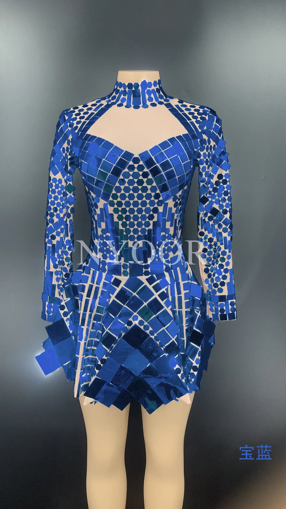 Sparkling Mirror Geometric Metallic Sequin Long Sleeve Formal Party Stage Performance Dress