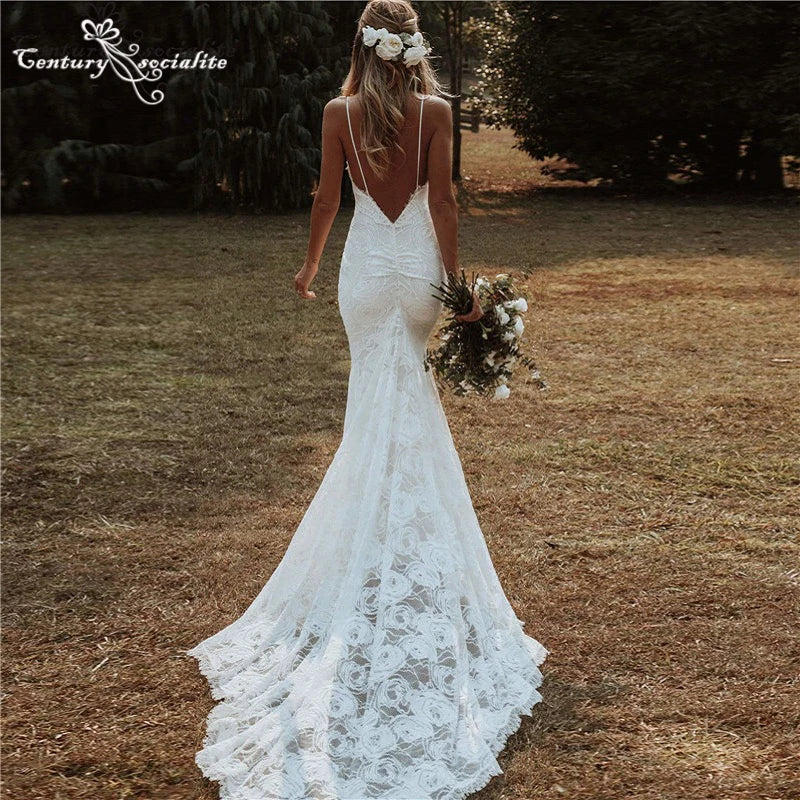 Bohemian Floor-Length Mermaid Spaghetti Strap Backless Rustic Bridal Gown Dress