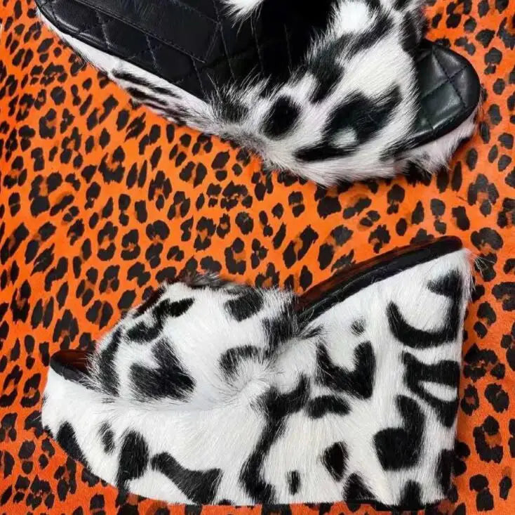 Plush Faux Fur Solid/Cowhide Round Open Toe Wedge Platform Women's Slip-On Sandals