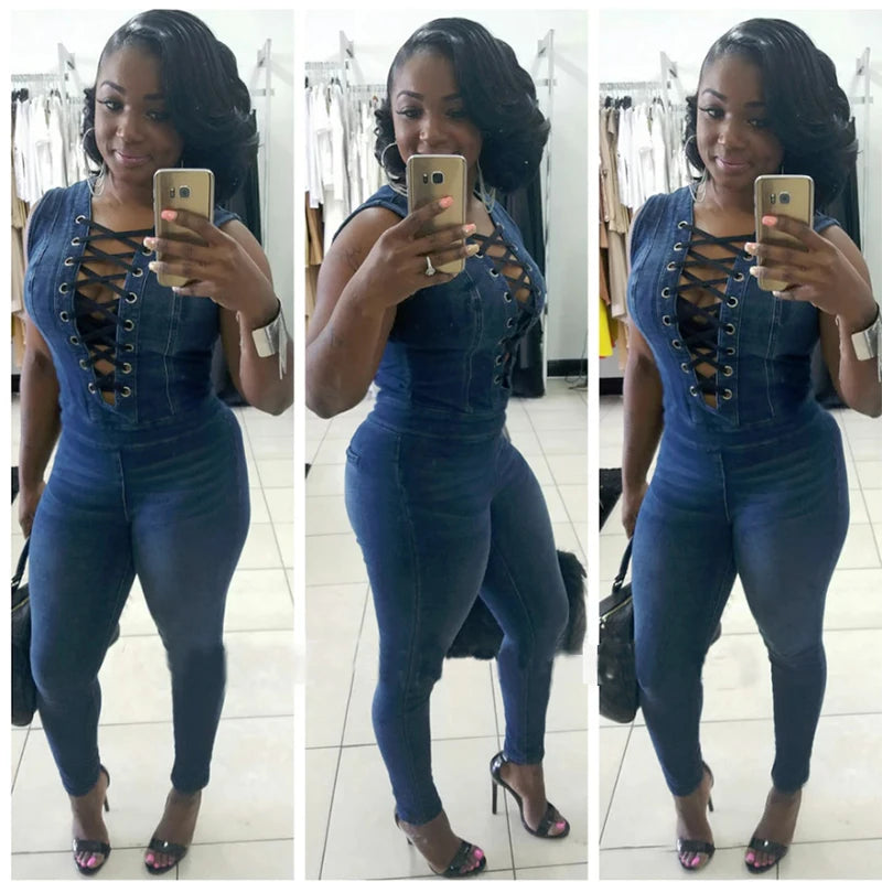 Denim Blue Criss-Cross Pattern Hollow-Out, Lace-Up, V-Neck Sleeveless Jean Jumpsuit