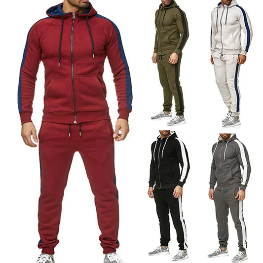 Drawstring Men's Mandarin Collar Side Striped Colorblock Hoodie Jacket + Skinny Sweatpants Tracksuit