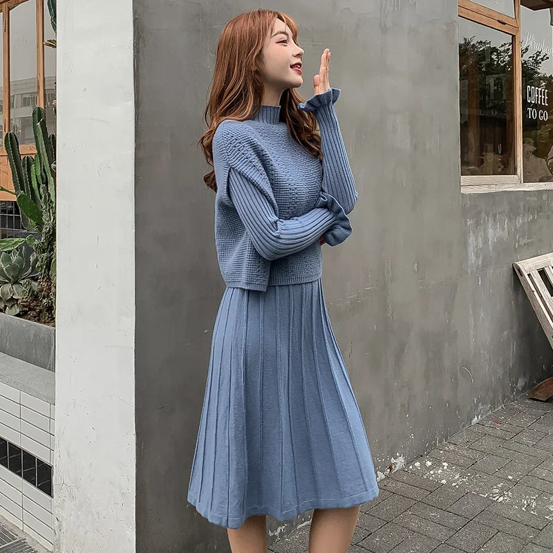 Solid Long Sleeve Pullover Sweater + Knitted Pleated Midi Skirt 2-Piece Set