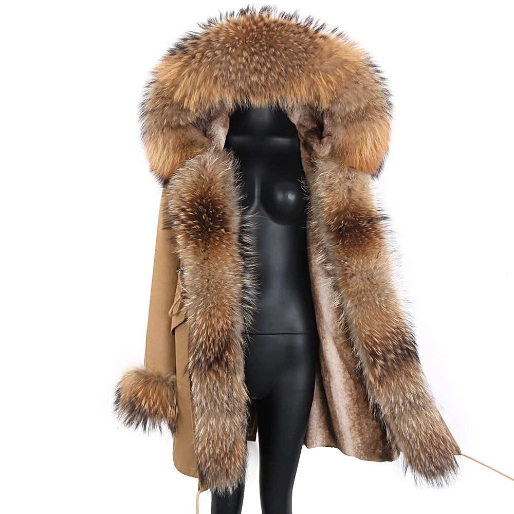 Colorblock Real Fur Oversized Collar Hip-Hop Design Women's Hooded Full Pelt Trenchcoat