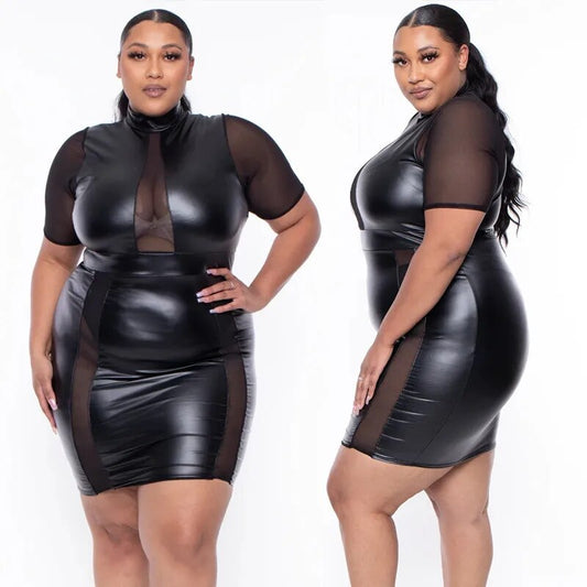 Faux Leather Black Mesh Patchwork Short Sleeve Midi Dress to 5X Plus Size