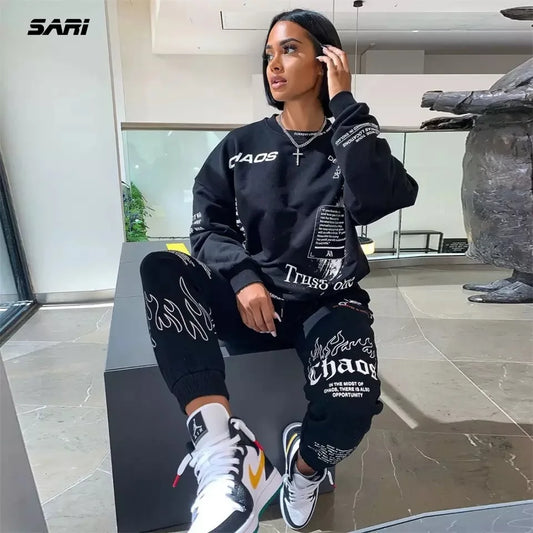 Women Tracksuit 2 Pieces Set Autumn Letter Printed Oversized Hoodies Sweatshirt Pants Suit Sweatpants Outfits Matching Sets