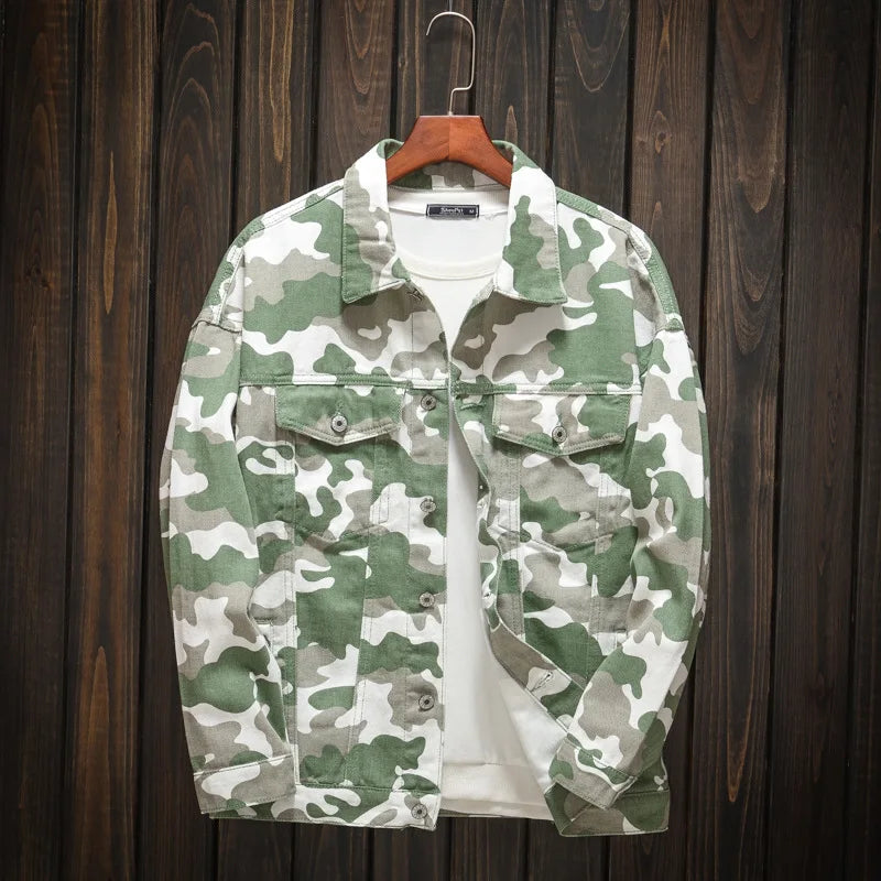Men`s Camouflage Denim Jacket Streetwear Multi-Pocket Camo Cargo Jean Jacket