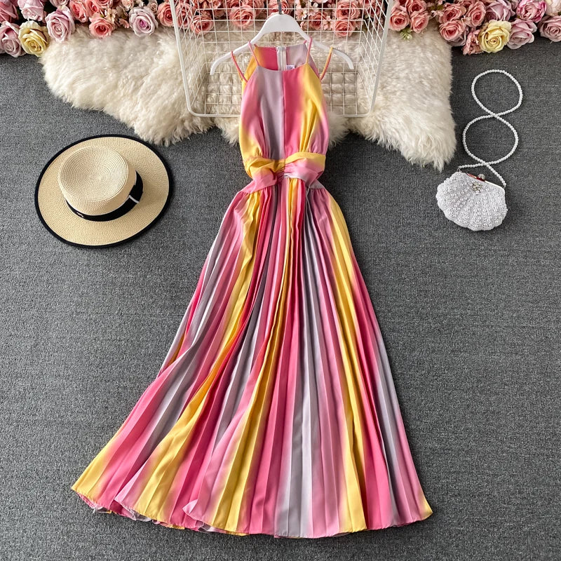 Pastel Rainbow Striped Colorblock Halter Spaghetti Strap Maxi Dress