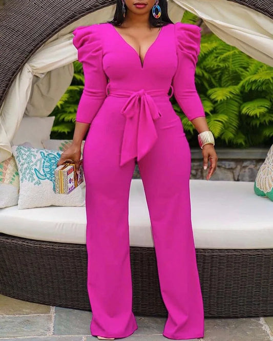 Sash Bowtie Belt/Ruffled Deep V-Neck Puff Sleeve Jumpsuit