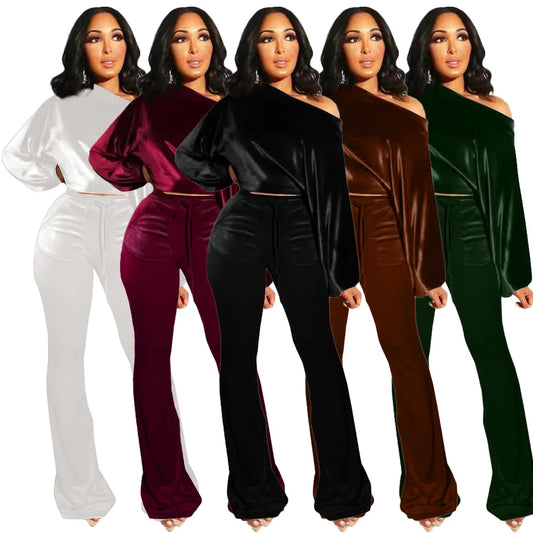 Velvet Solid One Shoulder Long Sleeve Crop Top + Flared Leg Pants Women's Tracksuit