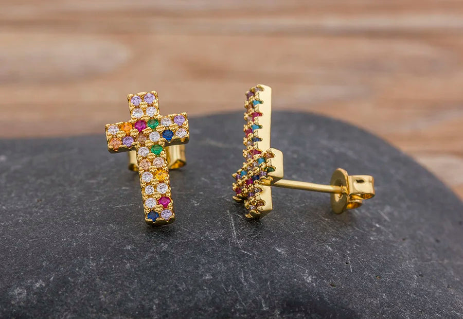 Rainbow Cross Gold Color Micro Paved CZ Earrings