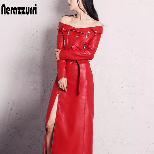 PU Leather Slash Neck Long Sleeve Runway Side Slit Dress