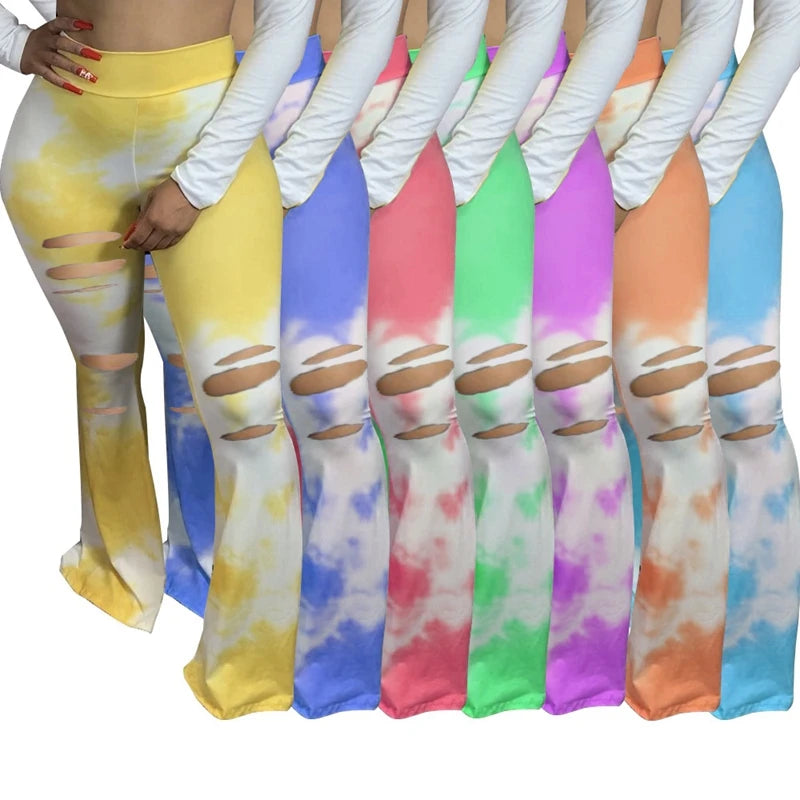 Ripped Tie-Dye Flared High Waist Streetwear Stretch Skinny Bell Bottom Pants