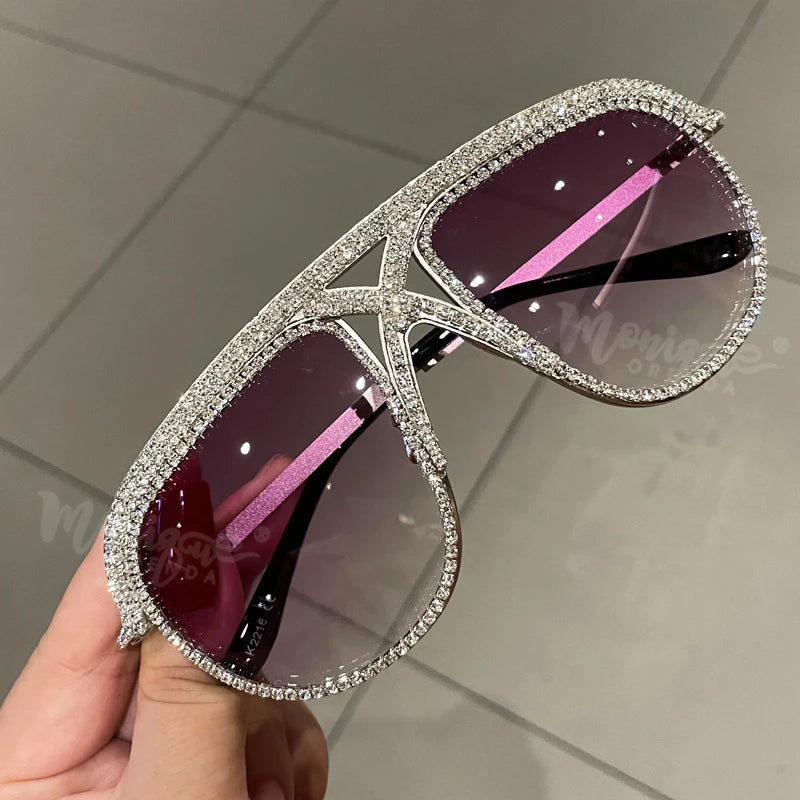 Metallic Iced Out Women's Criss-Cross Rhinestone Encrusted Oversized Shield Sunglasses