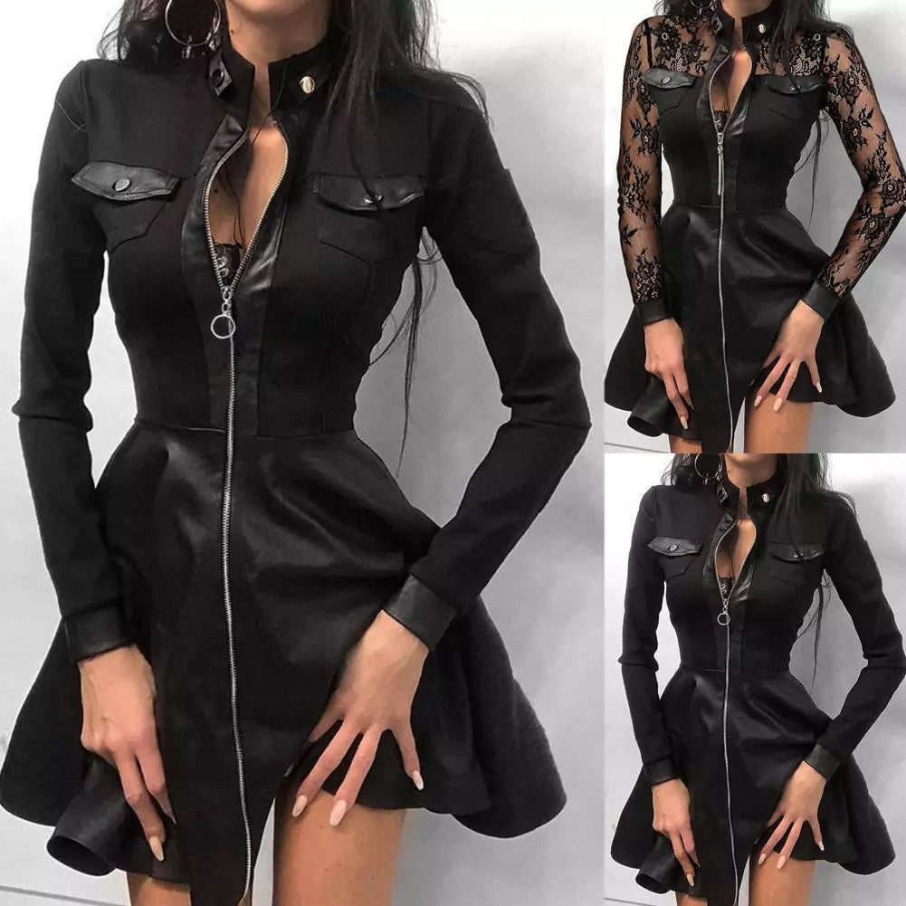 Faux Leather Long Sleeve Zipper Pocket Lace Mini Dress to 5X