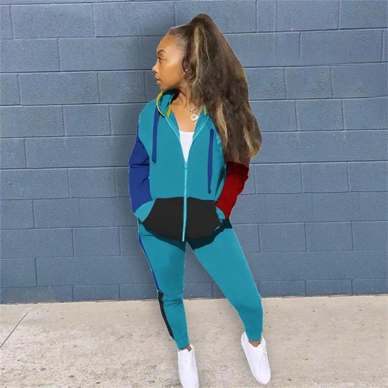 Colorblock Patchwork Women Casual Long Sleeve Zipper Hoodie Jacket + Sweatpants Tracksuit