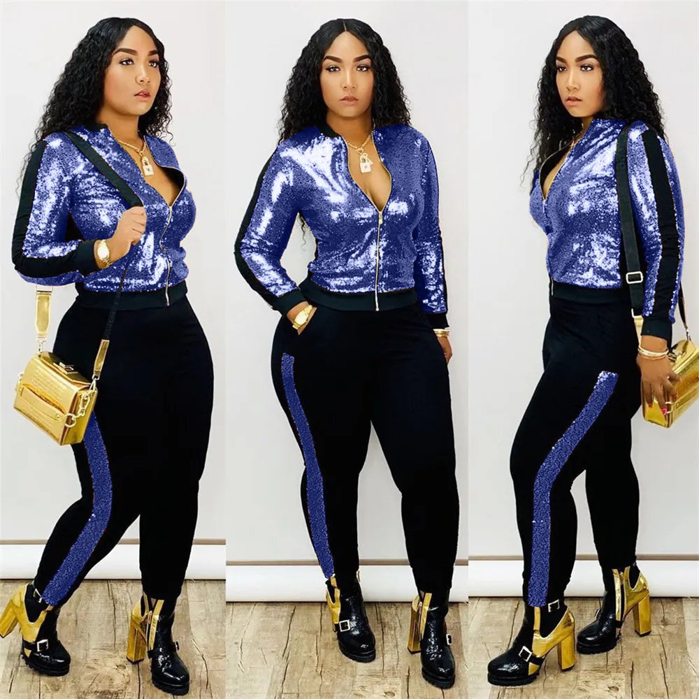 Metallic Sequined Long Sleeve Zipper Bomber Jacket + Side Striped Sweatpants Ladies Tracksuit