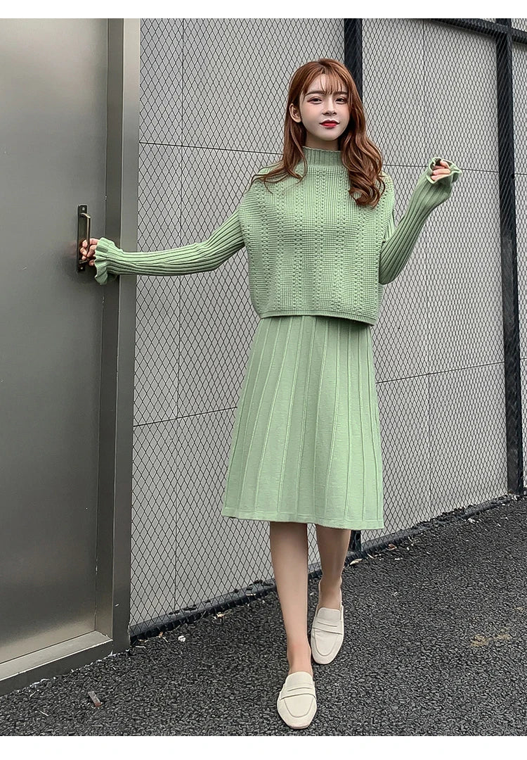 Solid Long Sleeve Pullover Sweater + Knitted Pleated Midi Skirt 2-Piece Set