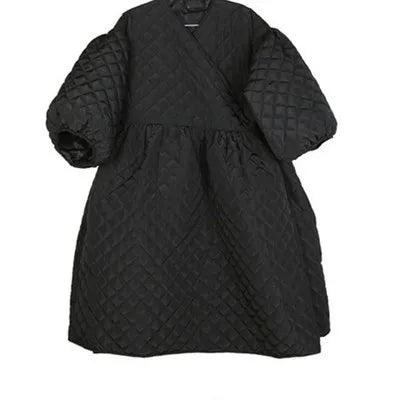 Retro Quilted Long Lantern Sleeve Embossed V-Neck Maxi Trench Dress