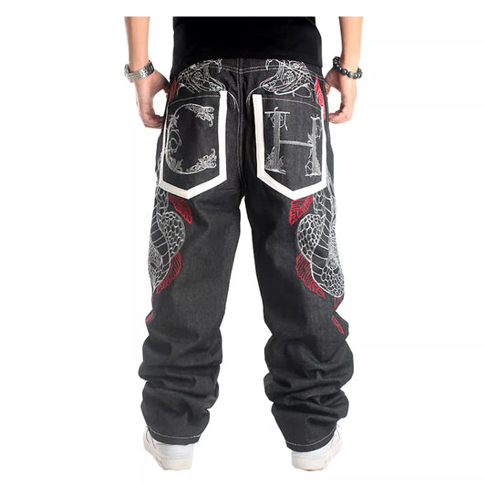 Men's Denim Embroidered Snake Print Baggy Hip-Hop Streetwear Jeans