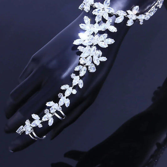 Handmade Crystal Flower Finger Ring Rhinestone Hand Chain Bracelet