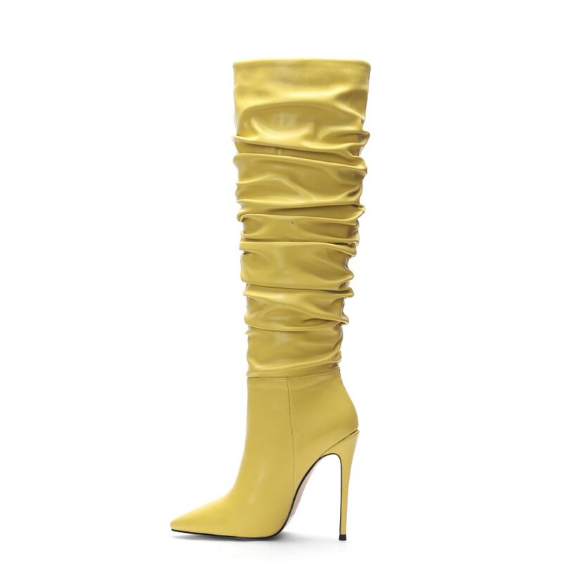 Pointed Slouch Pleated Ladies Knee High Boots