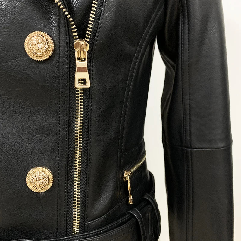 Designer Jacket Women's Lion Button Faux Leather Motorcycle Biker Jacket