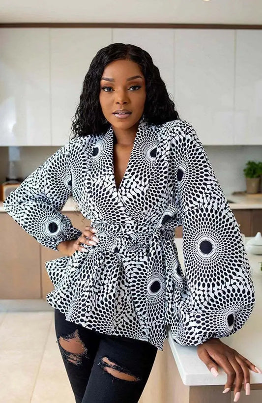 African Print Women's V-Neck Long Sleeve Blouse