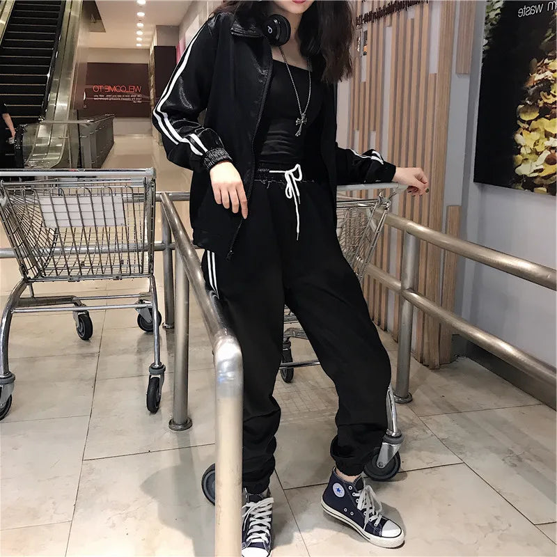 Satin Zipper Side Striped Ladies Jacket + Drawstring Pants Tracksuit