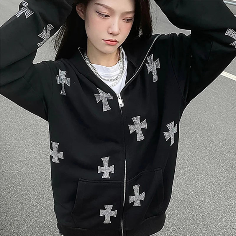 Crystal Rhinestone Cross Embroidered Print Women’s Hoodie Sweatshirt Zipper Jacket + Sweatpants Tracksuit