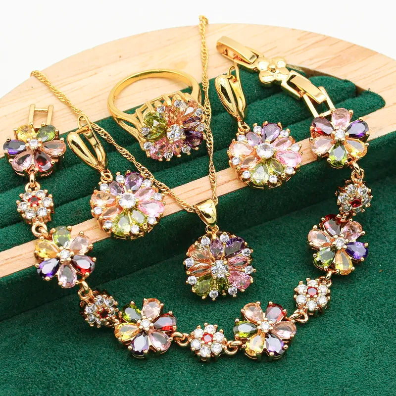 Flower Pendant Multicolor Zircon 4-Piece Jewelry Sets: Bracelet, Earrings, Necklace + Pendant Ring