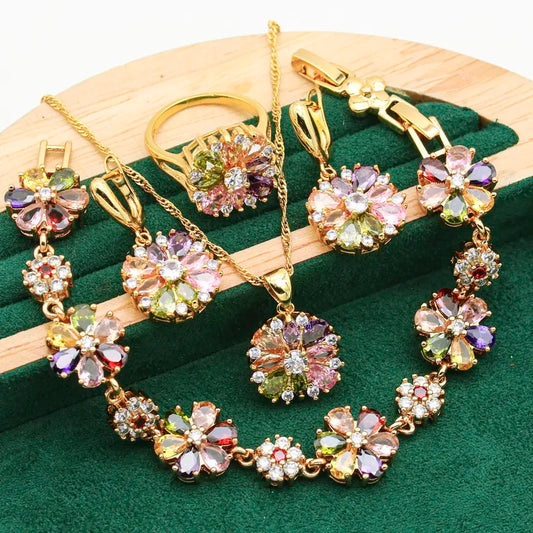 Flower Pendant Multicolor Zircon 4-Piece Jewelry Sets: Bracelet, Earrings, Necklace + Pendant Ring