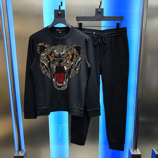 Men's Rhinestone Hot Drilled Bling Leopard Head O-Neck Sweatshirt + Drawstring Sweatpants Tracksuit to 5X