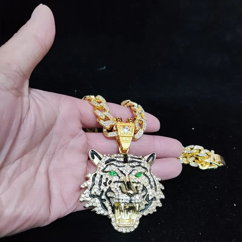 3D Tiger Pendant Crystal Cuban Chain Hip-Hop Iced Out Bling Chain Necklace