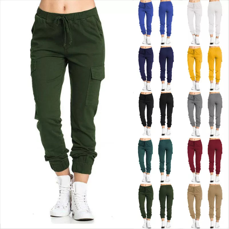 Multi-Pocket Drawstring Elastic Waist Women's Skinny Cargo Sweatpants