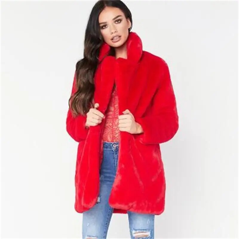 Faux Fur 3/4 Length Plus Size Ladies Loose Wool Coat to 4X