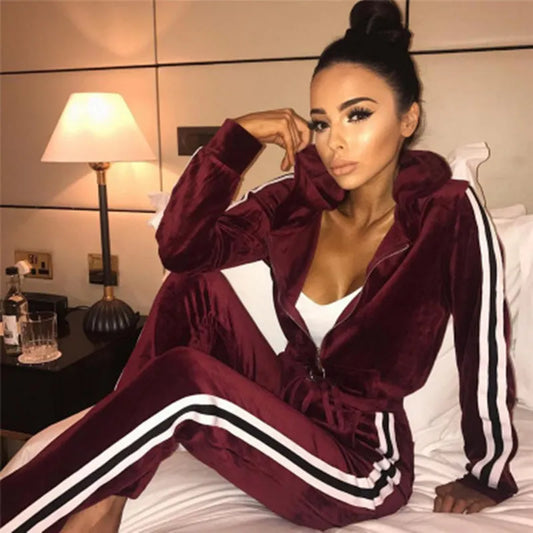 Velvet Ladies Side Striped Zipper Hooded Tracksuit