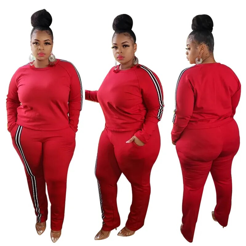 Solid O-Neck Side Striped Women's Long Sleeved Sweatshirt + Matching Sweatpants Tracksuit Sweatsuit to 5X Plus Size