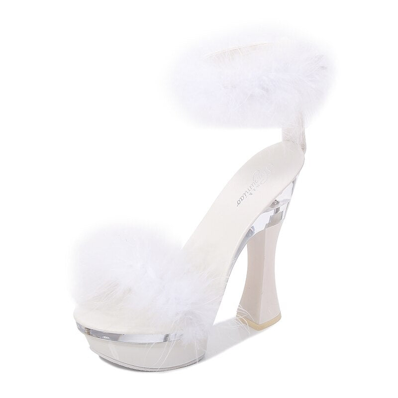 Feather Double Strap Thick Platform Open Toe Sandals