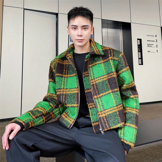 Men's Green Wool Plaid Vintage fashion Lapel Zipper Jacket