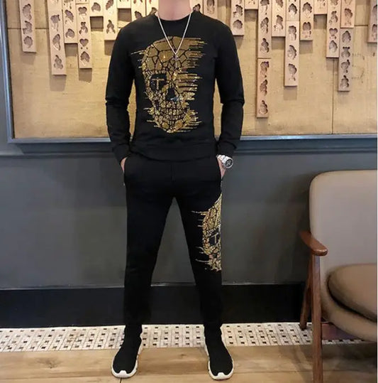 Men's Skull Print Long Sleeve Sweatshirt + Matching Sweatpants 2-Piece Tracksuit