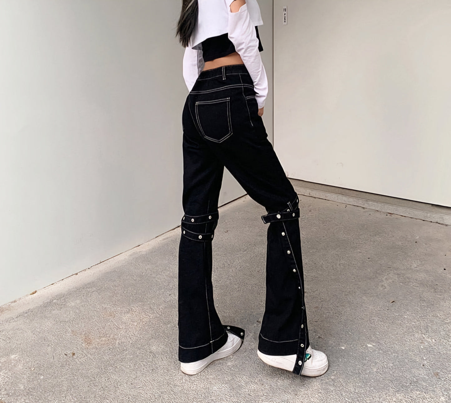 Streetwear Bandage Flare Leg Punk Aesthetics High Waist Denim Black Jeans