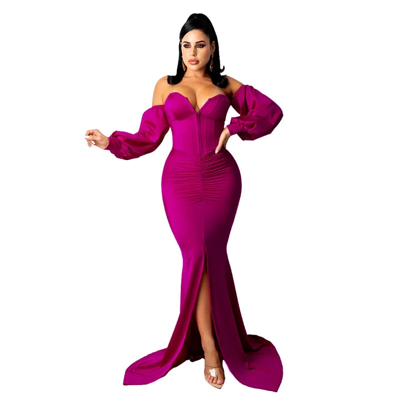 Flared Solid Corset Strapless Off-the-Shoulder Long Lantern Sleeve Pleated High Split Bodycon Maxi Dress