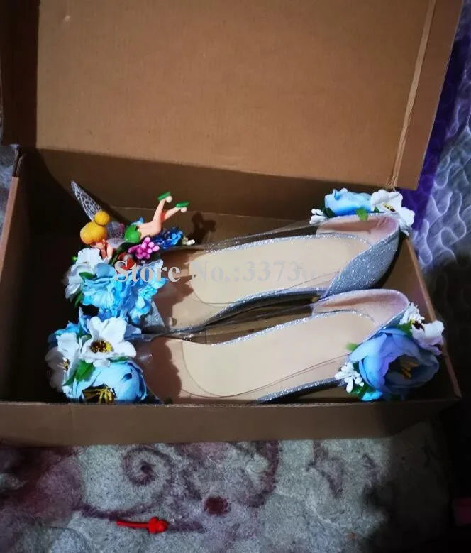 Pink/Baby Blue Rose Flower Decor Women's High Heel Pointed Toe Slip-On Pumps
